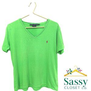 Ralph Lauren Sport Bright Green V‑Neck Tee Chest Logo Cotton XL EUC